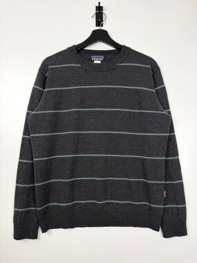 Patagonia Men's Charcoal Crewneck Sweater with Light Blue Stripes